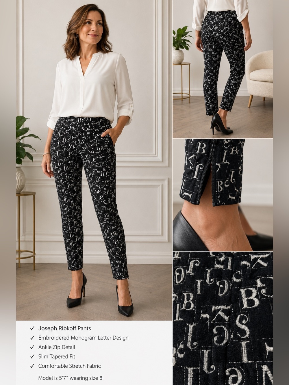 Joseph Ribkoff Black White Embroidered Monogram Ankle Zip Slim Pants Sz 8